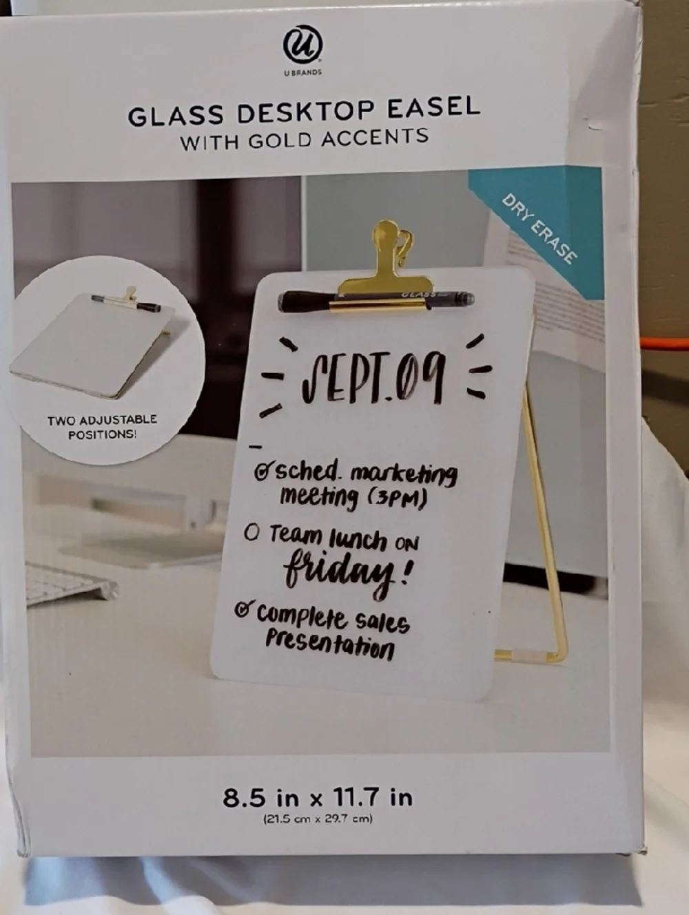 White & Gold Glass Desktop Easel - Dry Erase